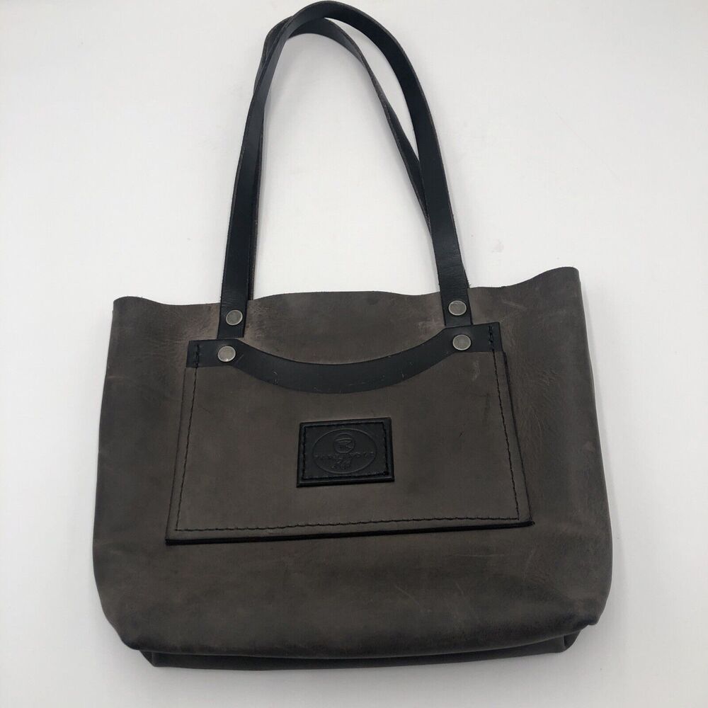 PANHANDLE RED LEATHER COMPANY Logo Branded Gray/Black Double Handles Tote Purse